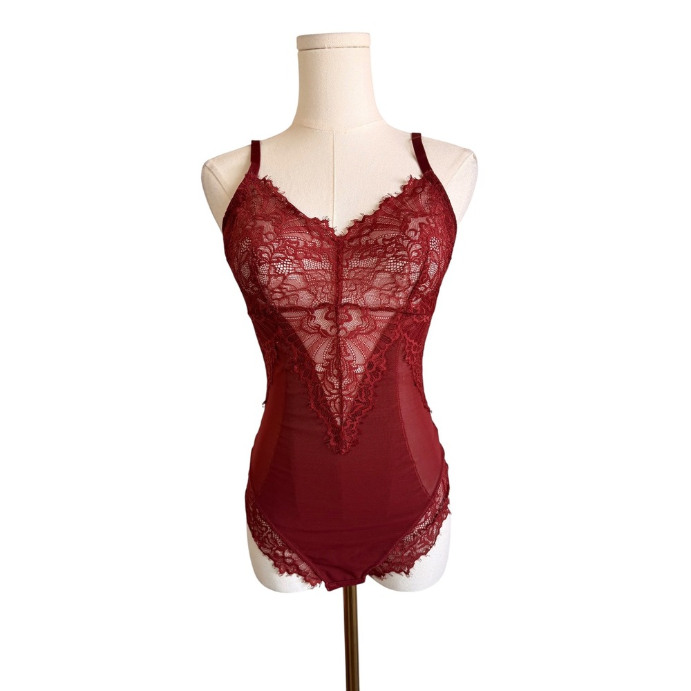 Pinsy Shapewear Lace Mesh Bodysuit Burgundy Wine Red V-Neck Large